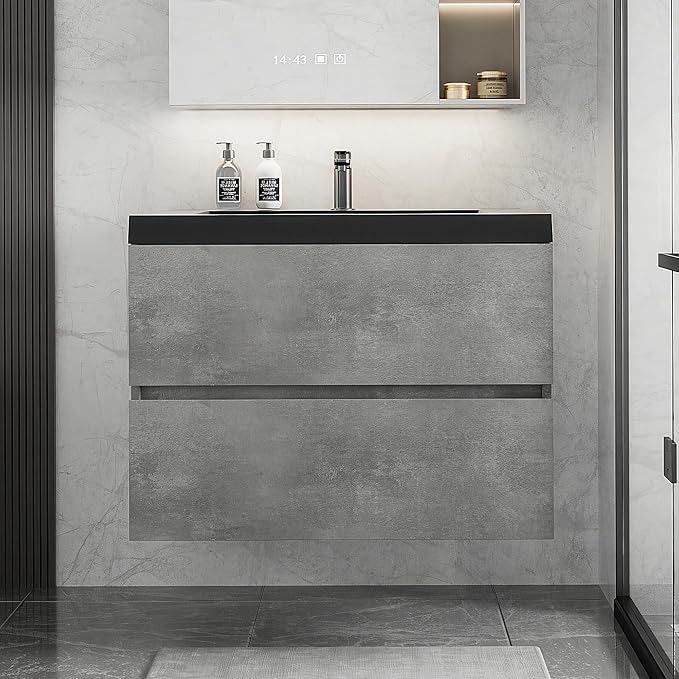 30 Inch Floating Bathroom Vanity with Sink, Modern Grey Wall Mounted Floating Vanity with Scratch-Resistant Quartz Sand Basin and Soft Closing Drawers, Pre Assembled Bathroom Vanity