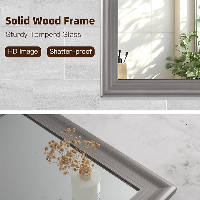 Tanmicoshomy Bathroom Mirrors for Wall 24x36 Inch, Rectangle Mirror with Brushed Silver Grey Wooden Frame for Bathroom Bedroom or Entryway
