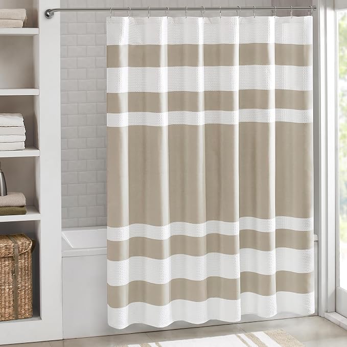 Madison Park Spa Waffle Weave Extra Wide Shower Curtain, 108 x 72, Taupe | Striped, Pieced Fabric Design, 3M Scotchgard Moisture Management, Hotel Quality, Modern, for Bathroom, OEKO-TEX Certified