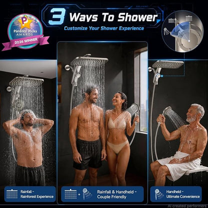 Veken 12" Rain Shower Head with Handheld,High Pressure Power Wash,Magnetic | Starlight,Dual Shower Heads Combo,8-Mode Hand Held Spray with Hose,Double Detachable Rainfall Showerhead,Bathroom Accessories