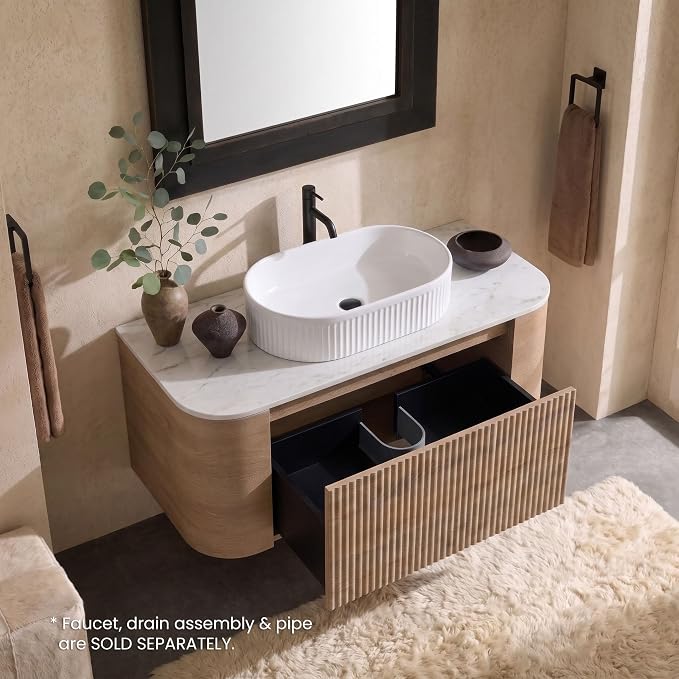 36" Preassembled Floating Bathroom Vanity with White Sink, Oak | Mid-Century Modern Style, Fluted & Soft-Close Drawer with U-shaped Wall, Sinterted Stone Countertop, Towel Rack Included