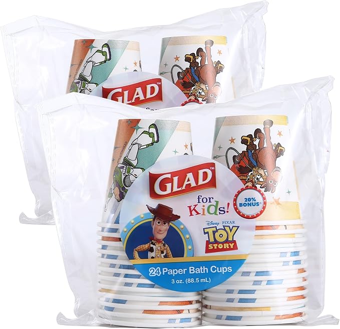 Glad for Kids Disney Pixar Toy Story Mini Paper Cups, 3 Oz, 24 Count, 2-Pk | Soak-proof bathroom rinse cups sized for little hands; colorful Toy Story characters