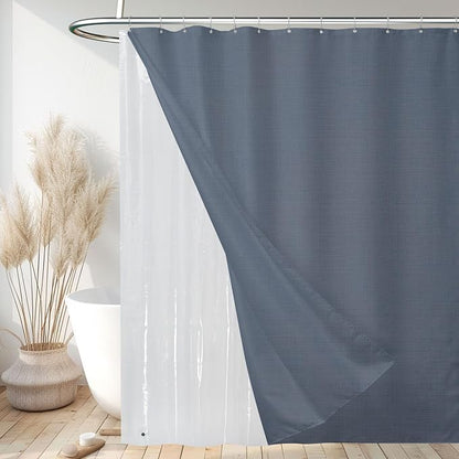 Shower Curtain and Liner, 3 in 1 Shower Curtain Set with 12 Double Sided Shower Curtain Hooks, Cloth Shower Curtains for Bathroom,Waterproof, Moonlight Blue 72 * 72