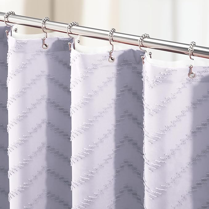 Dynamene Lavender Boho Shower Curtain and Liner Set, Farmhouse Fabric Shower Curtain and Waterproof Clear Liner, Tufted Chevron Striped Textured Tassel Shower Curtains for Bathroom, 12 Hooks, 72x72