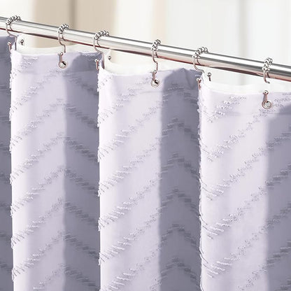 Dynamene Lavender Boho Shower Curtain and Liner Set, Farmhouse Fabric Shower Curtain and Waterproof Clear Liner, Tufted Chevron Striped Textured Tassel Shower Curtains for Bathroom, 12 Hooks, 72x72