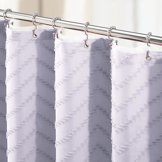 Dynamene Long Shower Curtain and Liner Set - 78 inch Tall Boho Shower Curtain and Waterproof Clear Liner, Tufted Chevron Striped Textured Tassel Shower Curtains for Bathroom, 12 Hooks, 72x78, Lavender