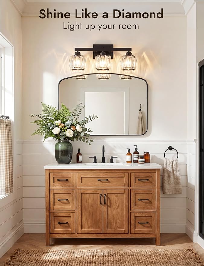 VOLISUN Crystal Vanity Lights for Bathroom, 3 Light Bathroom Vanity Light, Modern Matte Black Bathrooms Light Over Mirror, Black Bathrooms Lights Fixtures-UL Certificated(Exclude Bulb)