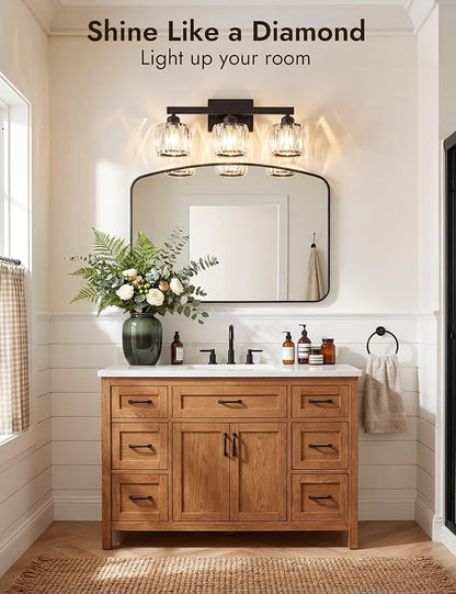 VOLISUN Crystal Vanity Lights for Bathroom, 3 Light Bathroom Vanity Light, Modern Matte Black Bathrooms Light Over Mirror, Black Bathrooms Lights Fixtures-UL Certificated(Exclude Bulb)