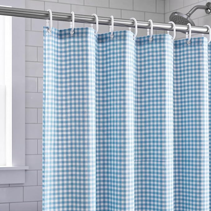 HunnmingRe Ruffle Hem Gingham Shower Curtain Light Blue | 72'' x 72'' Vintage Farmhouse Curtain, Cotton Cottage Core Rural Checkered Plaid Decor, Fall Shower Curtain for Bathroom