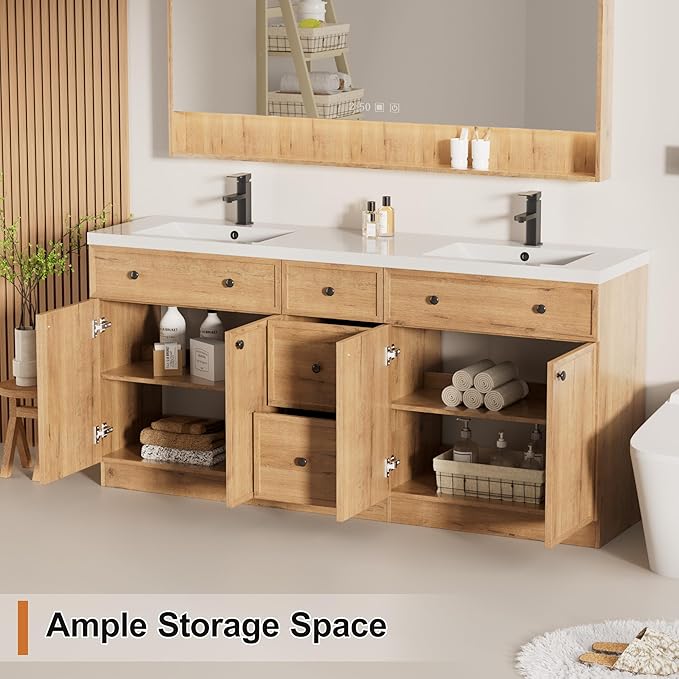 LUCKWIND 72" Bathroom Vanity Sink Combo, Modern Bathroom Cabinet with Double Undermount Solid Surface Vanity Sink, Soft-Close Hinges & Water-Saving Faucet, Natural