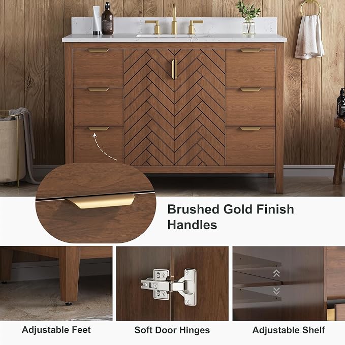 48" Walnut Bathroom Vanity with Sink, No Assembly Required | Solid Wood Bathroom Vanities with Soft Close Doors & Dovetail Drawers, Modern Bathroom Sink Cabinet, 0.78" Stone Top