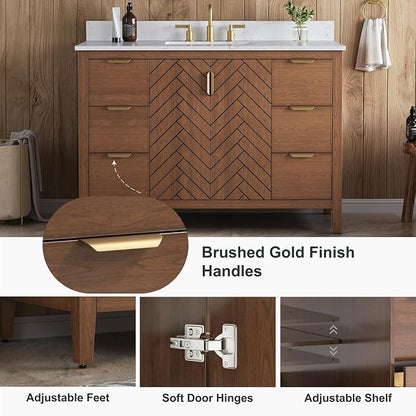 48" Walnut Bathroom Vanity with Sink, No Assembly Required | Solid Wood Bathroom Vanities with Soft Close Doors & Dovetail Drawers, Modern Bathroom Sink Cabinet, 0.78" Stone Top