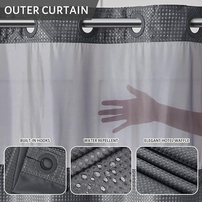 Furlinic No Hook Waffle Weave Shower Curtain with Snap in Fabric Liner Set,Heavy Duty Textured Bathroom Curtain with See Through Window,Waterproof & Machine Washable,Dark Grey,54x80 Inch