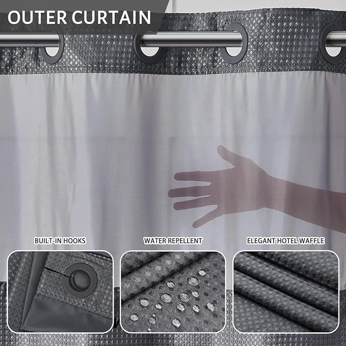 Furlinic No Hook Shower Curtain with Snap in Fabric Liner Set,Waffle Weave Heavy Duty Bathroom Curtain with See Through Window,Waterproof & Machine Washable,Hotel Style,Light Dark Grey,71x72 Inch
