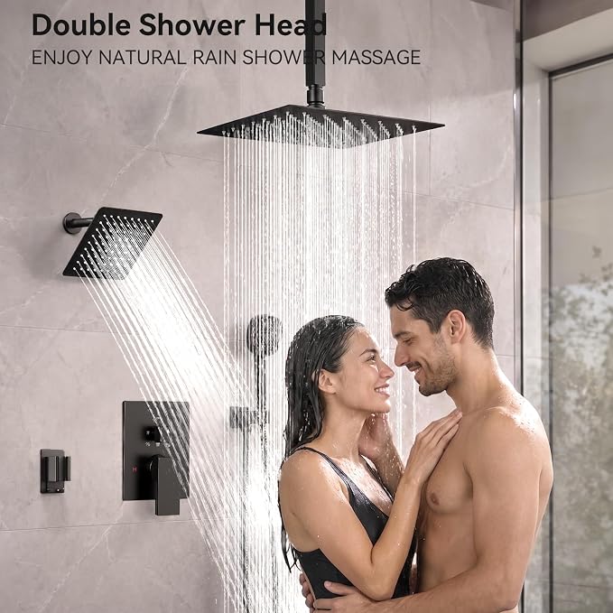 Matte Black Shower System Shower Faucet Sets, Dual Head Shower Set STARBATH 12'' Ceiling Mount and 6''Wall Mount Rainfall Shower Systems with Multifunctional Filtered Handheld Sprayer for Two Person