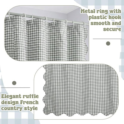 HunnmingRe Scalloped Gingham Shower Curtain Sage Green | 72'' x 72'' Vintage Farmhouse Curtain, Cotton Cottage Core Rural Checkered Plaid Decor, Fall Shower Curtain for Bathroom