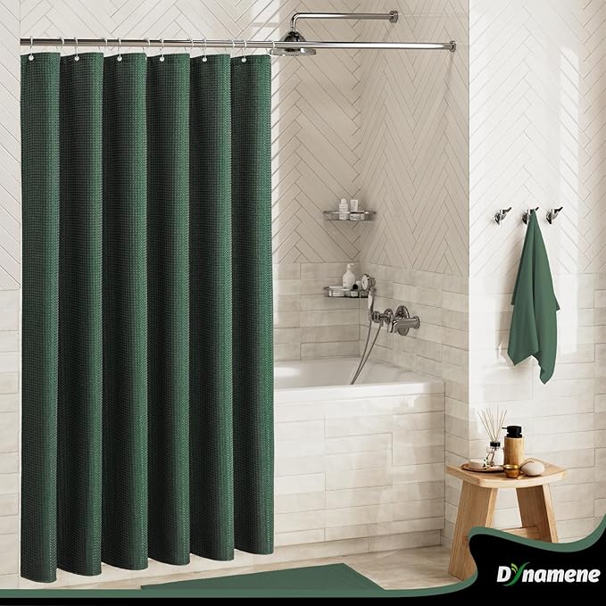 Stall Waffle Shower Curtain 256 GSM Heavy Fabric 54x72 Dark Green | 54 Inch Wide, Thick Cloth, Weighted Hem, Water Repellent, Hotel Luxury Polyester Shower Curtain Set for Bathroom 10 Hooks