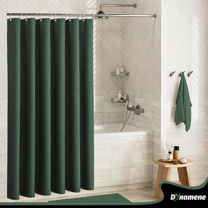 Extra Wide Waffle Shower Curtain 256 GSM Fabric 180x72 Dark Green | 180 Inch Wide, Thick Cloth, Weighted Hem, Water Repellent, Hotel Luxury Polyester Shower Curtain Set for Bathroom 32 Hooks