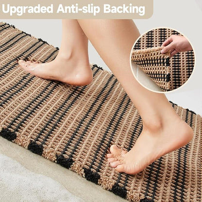 TYUU Waffle Runner Rug Bathroom, Long Boho Bath Mat, 72x24 Black & Khaki | Super Absorbent Quick Dry Bath Rug, Non-Slip Backing, Soft Waffle Washable Farmhouse Bathroom Mats, Tub, Shower & Home Decor