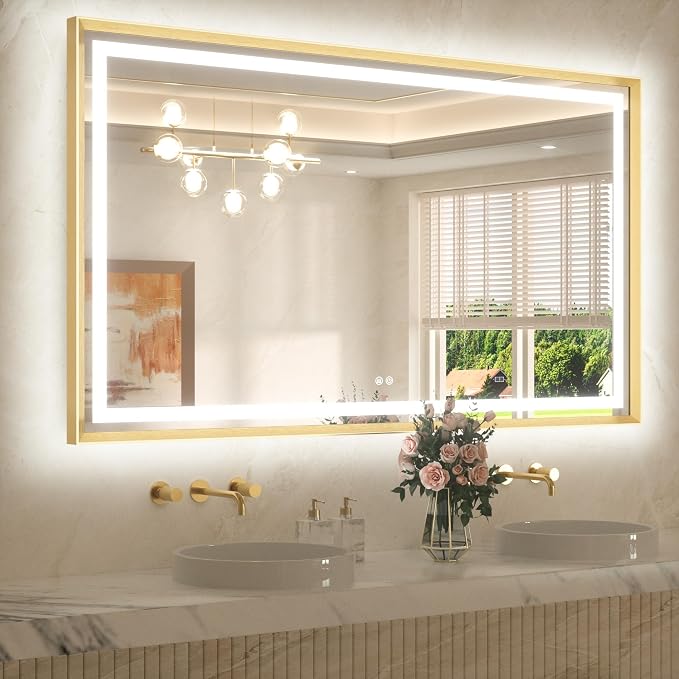 60 x 36 Large Bathroom Mirror Brushed Gold Metal Frame Frontlit & Backlit Vanity Mirror 3 Colors White/Warm/Natural Stepless Dimmable Anti-Fog Bathroom Mirrors for Vanity Wall-Mounted