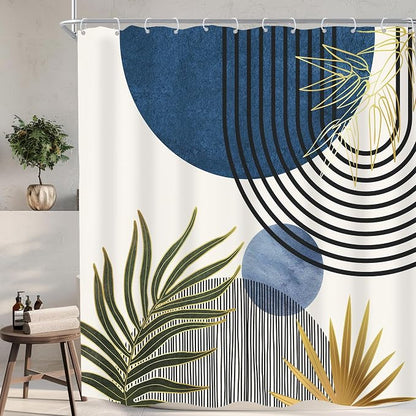Mid Century Blue Green Boho Abstract Modern Bathroom Shower Curtain Set | 72Wx72L S Plant design, waterproof HD print with fast-drying fabric and 12 hooks.
