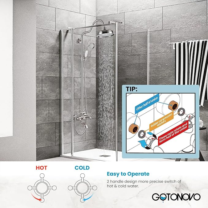 gotonovo Exposed Bathroom Shower System Two Cross Handle Brushed Nickel | Vintage Brass Tub Shower Faucet Set,8’’ Rain Head with Handheld Spray,Swivel Tub Spout,6’’ Hole Distance,Adjustable Height