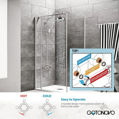 gotonovo Exposed Bathroom Shower System Two Cross Handle Brushed Nickel | Vintage Brass Tub Shower Faucet Set,8’’ Rain Head with Handheld Spray,Swivel Tub Spout,6’’ Hole Distance,Adjustable Height