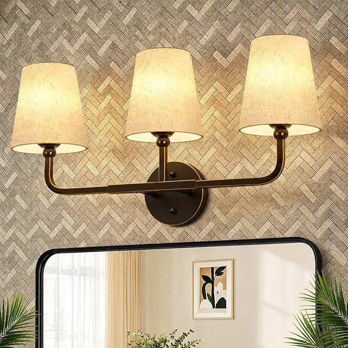 MOKATNG Bathroom Light Fixtures, 3-Light Oil-Rubbed Bronze Vanity Lights, Bathroom Lighting Fixtures Over Mirror with Flared Linen Shade, Modern Wall Sconces for Living Room Hallway
