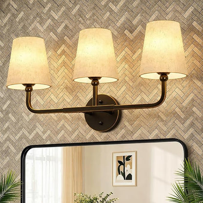 MOKATNG Bathroom Light Fixtures, 3-Light Oil-Rubbed Bronze Vanity Lights, Bathroom Lighting Fixtures Over Mirror with Flared Linen Shade, Modern Wall Sconces for Living Room Hallway