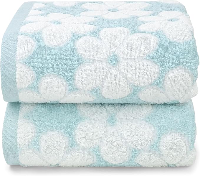 Cotton Towels for Bathroom Decor with Floral Jacquard | Super Soft and Absorbent Bath Towel Set of 2, Large Size 27.5x55 Inches