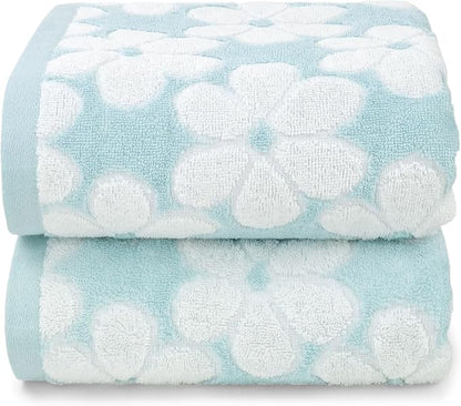 Cotton Towels for Bathroom Decor with Floral Jacquard | Super Soft and Absorbent Bath Towel Set of 2, Large Size 27.5x55 Inches