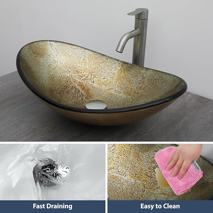 Logmey 21" Glass Bathroom Vessel Sink Vanity Countertop Oval Bowl with Chrome Pop up Drain Set,Glass Art Basin,Blood Plasma Silver Foil