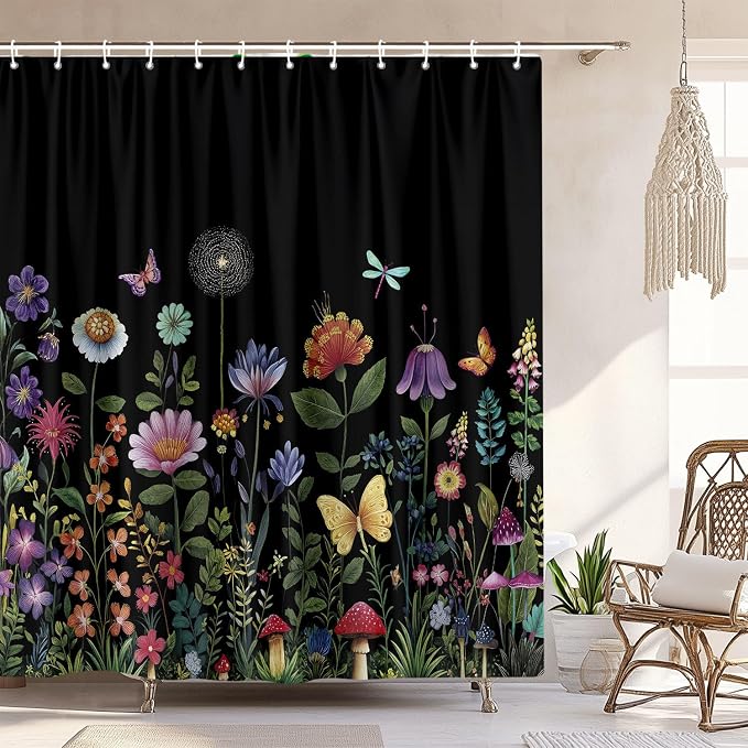 Black Floral Shower Curtain, Cute Colorful Wildflower Aesthetic Shower Curtain for Bathroom, Dark Flowers Rustic Farmhouse Botanical Vintage Shower Curtains with Hooks 72X72 Inch Gothic Witchy Plant