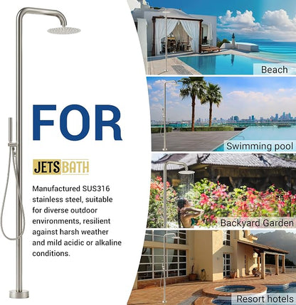 Freestanding Outdoor Shower Faucet Set, 316 Marine Grade Stainless Steel Outside Shower System for Backyard/Garden/Poolside/Beach,Outside Shower Faucet with Rain Shower Head & Handheld,Brushed Nickel