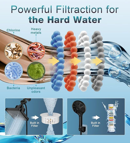 High Pressure Black Dual Filtered Rain Shower Head Combo for Hard Water | 10 Modes Handheld Shower Head Built in Water Filtration, 6 inch Rainfall Shower Head with Filter to Soft Water