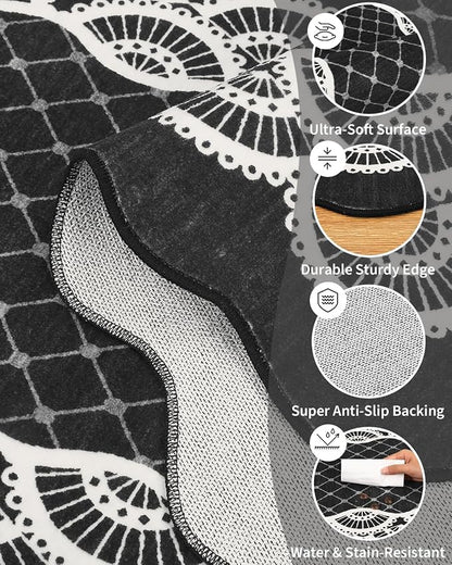 GarveeHome Washable 8x10 Area Rug Scalloped Black Rug, Modern Neutral Living Room Rugs, Large Scalloped Farmhouse Rug Abstract Bordered Carpet for Bedroom Apartment Table Dorm Nursery, Black