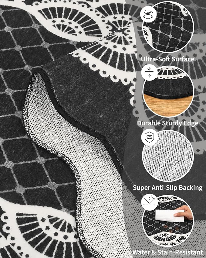 GarveeHome Washable Scalloped Rugs 5x7 Black Rug Modern Geometric Living Room Rug, Stain-Resistant Scalloped Throw Rugs, Soft Faux Wool Carpet for Bedroom Entryway Office Dorm, Black