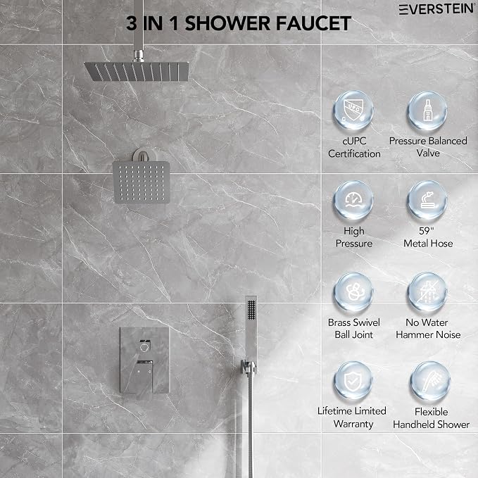 10" High-Pressure Rainfall Shower Faucet, Celling Mount Dual Shower Head System, Polished Chrome