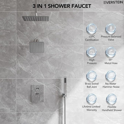 10" High-Pressure Rainfall Shower Faucet, Celling Mount Dual Shower Head System, Polished Chrome