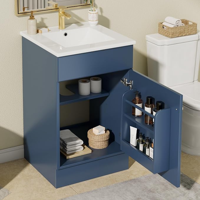 Christopher Knight Home Vanes Wood Frame 20" Bathroom Vanity with Ceramic Sink, Cabinet with Soft-Closing Door Shelf and Adjustable Shelf, Open Back, Metal Hardware, Storage/Organizer, Blue