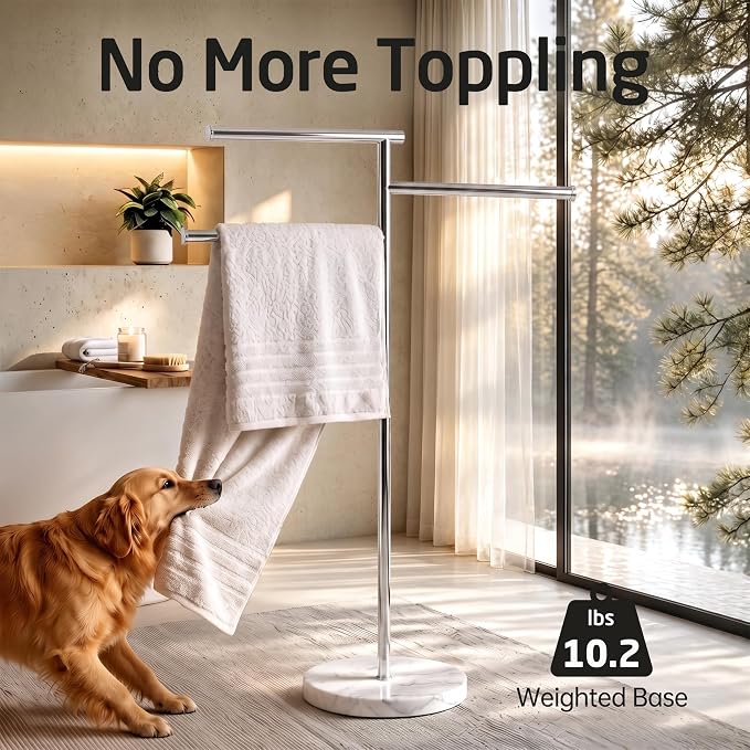 KES 40" Freestanding Towel Rack with 10.2lb Marble Base, Polished Finish | Polished Finish, Swivel Bars For Airflow, Anti-Slip Pad Protects Floors, No-Wall-Damage, Modern Style