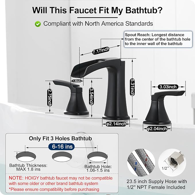 Roman Waterfall Bathtub Faucets, Brass High Flow Bathtub Faucet 3 Hole 6-16 Inch Widespread Black Tub Faucet Set 2 Handle, Deck Mount Filler Bath Faucet for Tub with Supply Water Hose for Modern