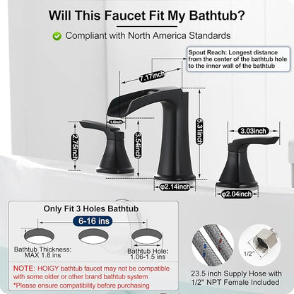 Roman Waterfall Bathtub Faucets, Brass High Flow Bathtub Faucet 3 Hole 6-16 Inch Widespread Black Tub Faucet Set 2 Handle, Deck Mount Filler Bath Faucet for Tub with Supply Water Hose for Modern