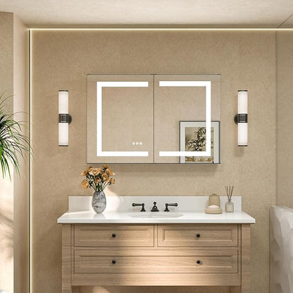TETOTE LED Lighted Bathroom Medicine Cabinet Mirror with Lights 36 x 24 Recessed or Wall Mounted Cabinet with 2 Door, Tempered Glass, Outlets & USB, 3-Color Stepless Dimming, Defog, Adjustable Shelf