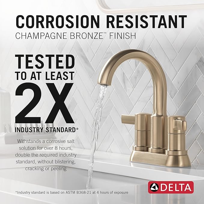Delta Albion Centerset Brushed Gold Bathroom Faucet, 4 Inch 3 Hole Bathroom Sink Faucet for Vanity, Metal Push-Pop Drain Assembly, Champagne Bronze 25855LF-CZ