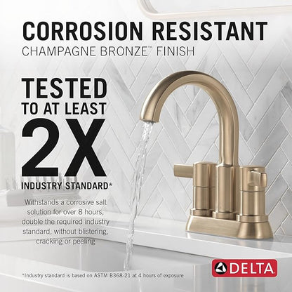 Delta Albion Centerset Brushed Gold Bathroom Faucet, 4 Inch 3 Hole Bathroom Sink Faucet for Vanity, Metal Push-Pop Drain Assembly, Champagne Bronze 25855LF-CZ