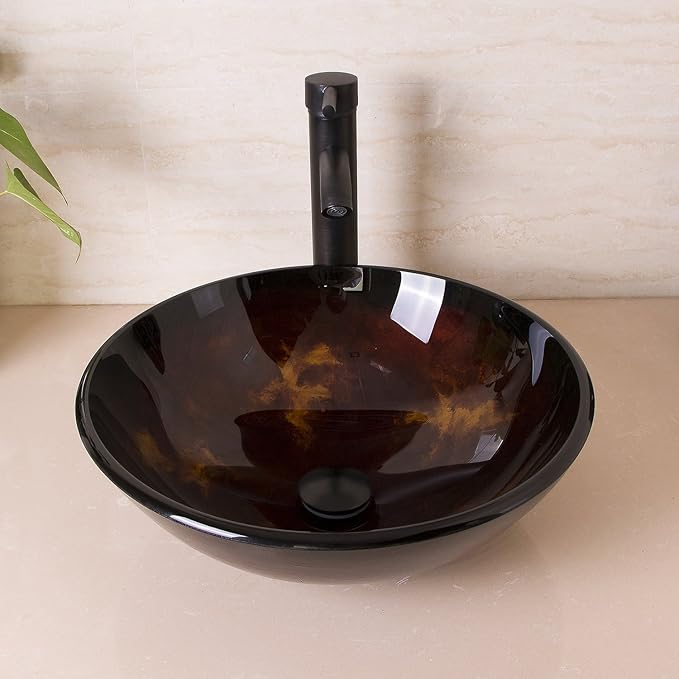 wonline Round Artistic Tempered Glass Bathroom Vessel Sink Combo Oil Rubbed Bronze Faucet and Drain Basin