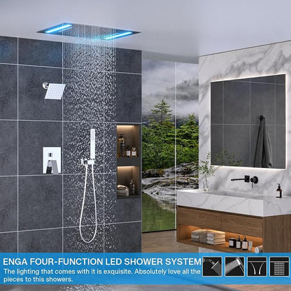 ENGA Dual Rain Shower Head System, 2 In 1 Functions Ceiling Mount 14x20inch LED Shower Head with 6 Inch Shower Head, Rainfall Waterfall Shower Faucet Set, Chrome