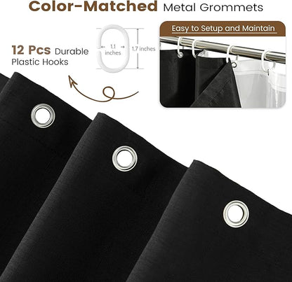 BTTN Black 3 in 1 Shower Curtain with Clear Liner, Linen Textured Decorative Fabric Shower Curtain PEVA Liner Set with Plastic Hook, Modern Luxury Waterproof Shower Curtain for Bathroom, 72x72