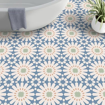MORCART 40PCS 7.87" x 7.87" Peel and Stick Floor Tile, DIY Vinyl Flooring | Blue and White Floral Look, Self-Adhesive, Removable and Waterproof Tile Sticker for Bathroom, Kitchen, Wall, Stairs